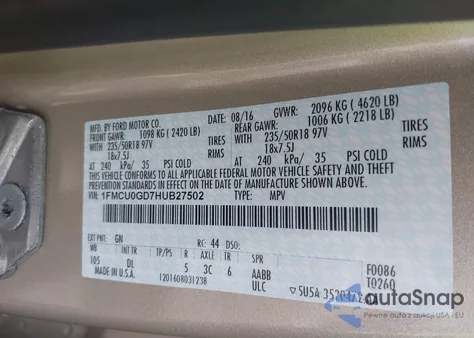 2017 Ford Escape Se из США, поврежденный, VIN 1FMCU0GD7HUB27502